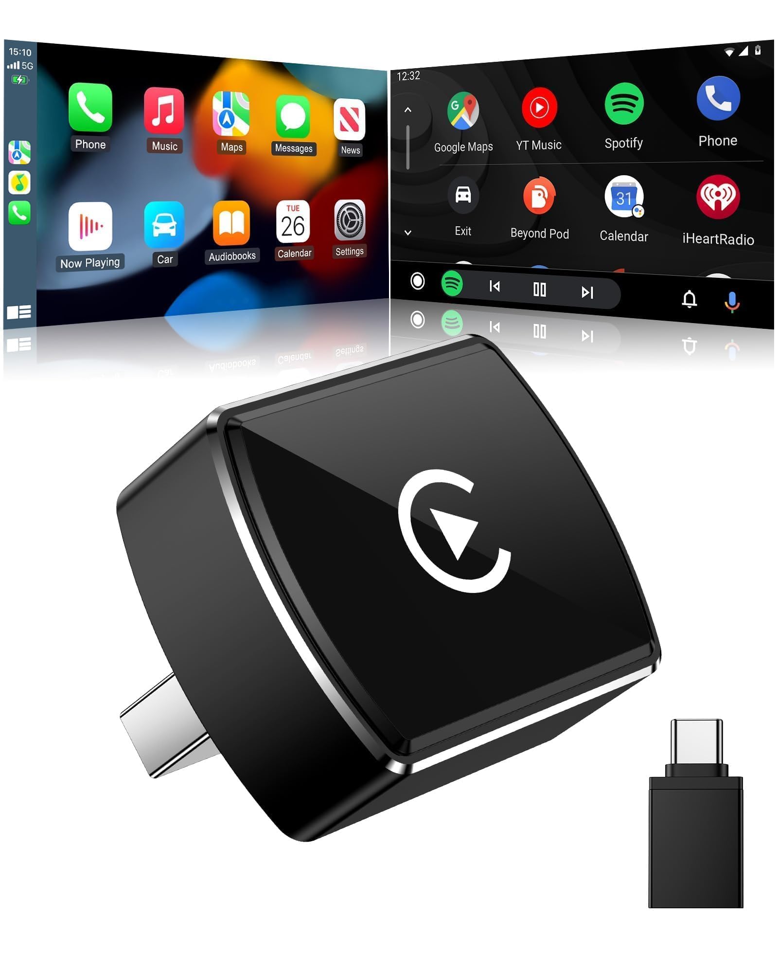 Wireless CarPlay Adapter, USB/USB-C Plug Supports iPhone & Android Phones