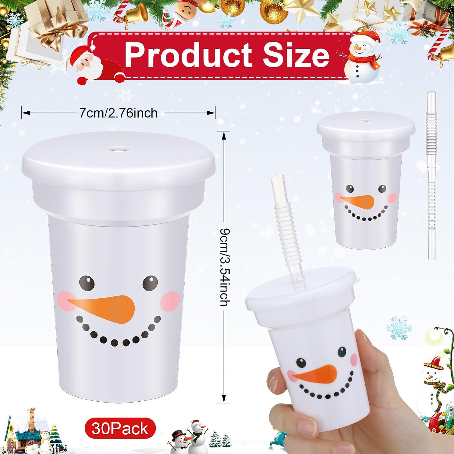 Rtteri 30 Pcs 6 oz Mini Christmas Snowman Sipper Cups with Straws and Lids Plastic Cups for Holiday Xmas Party Supplies Favor Gift image 2
