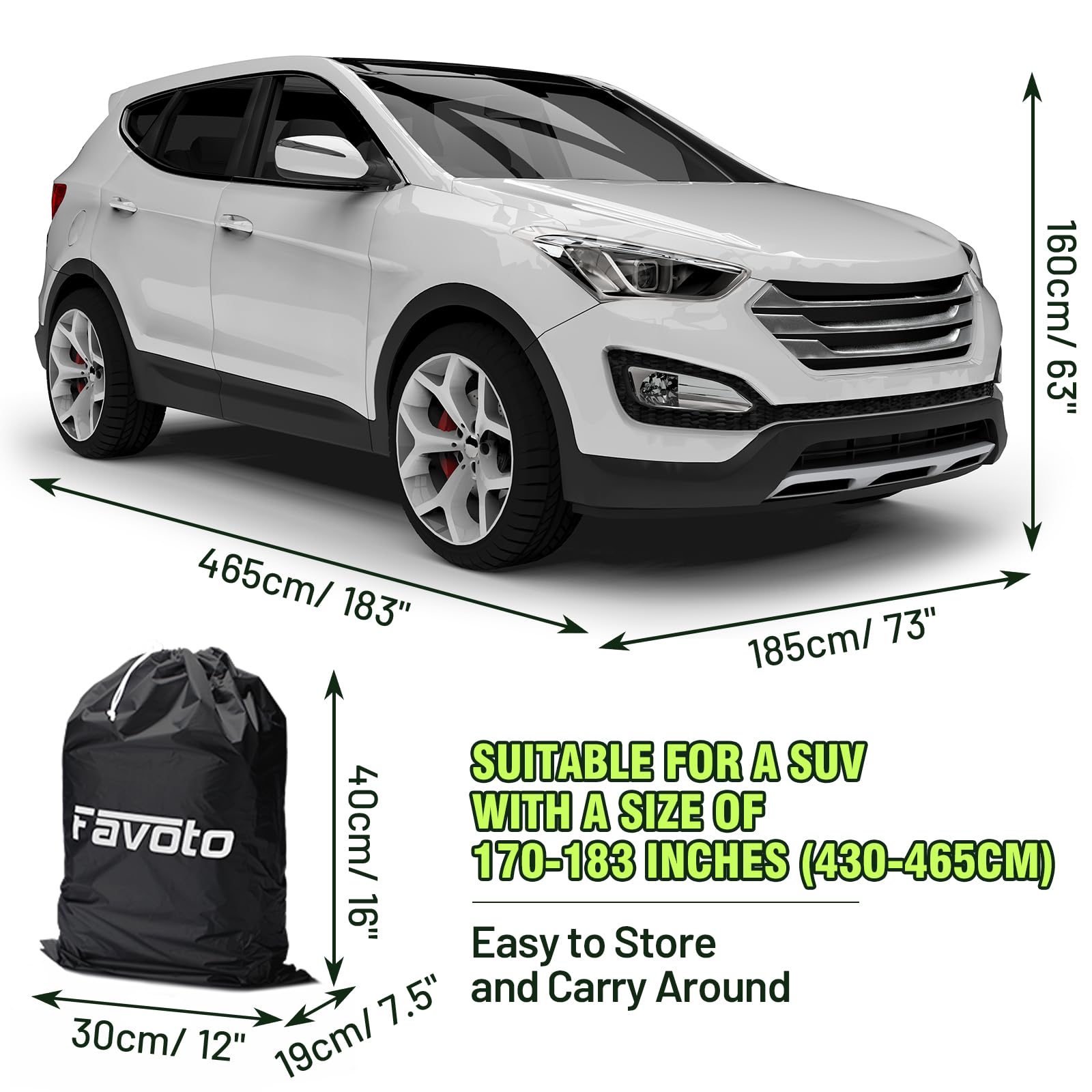Favoto Telo Copriauto Felpato Invernale Impermeabile Telo per Auto da Esterno per Compact SUV, Realizzato in PEVA e Cotone con Zip Laterale, Anti Acqua Polvere Neve Sole Freddo, 460x180x170cm, Nero