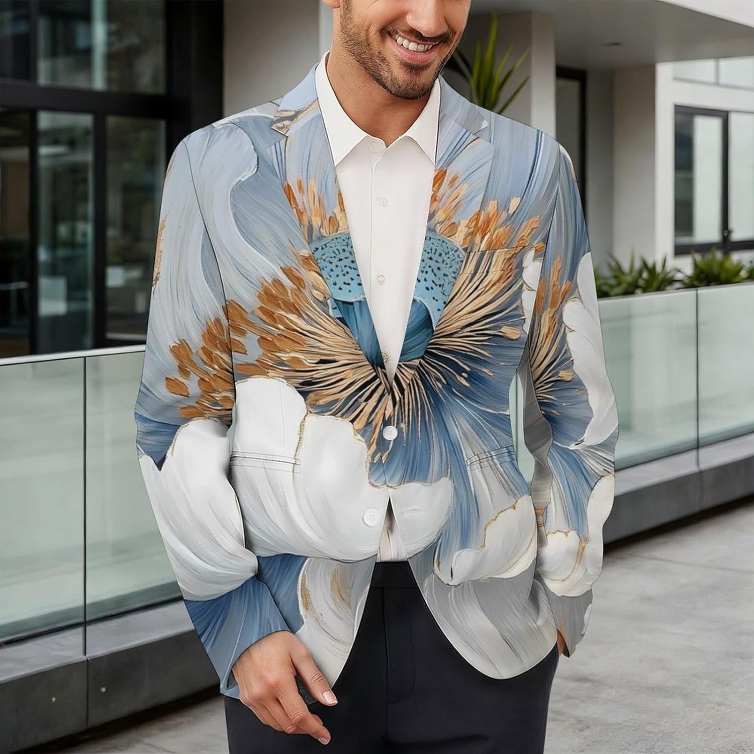 Peony Flower with Golden Lace Suits Blazer for Men Casual Buttons Lapel Jacket Sport Coat