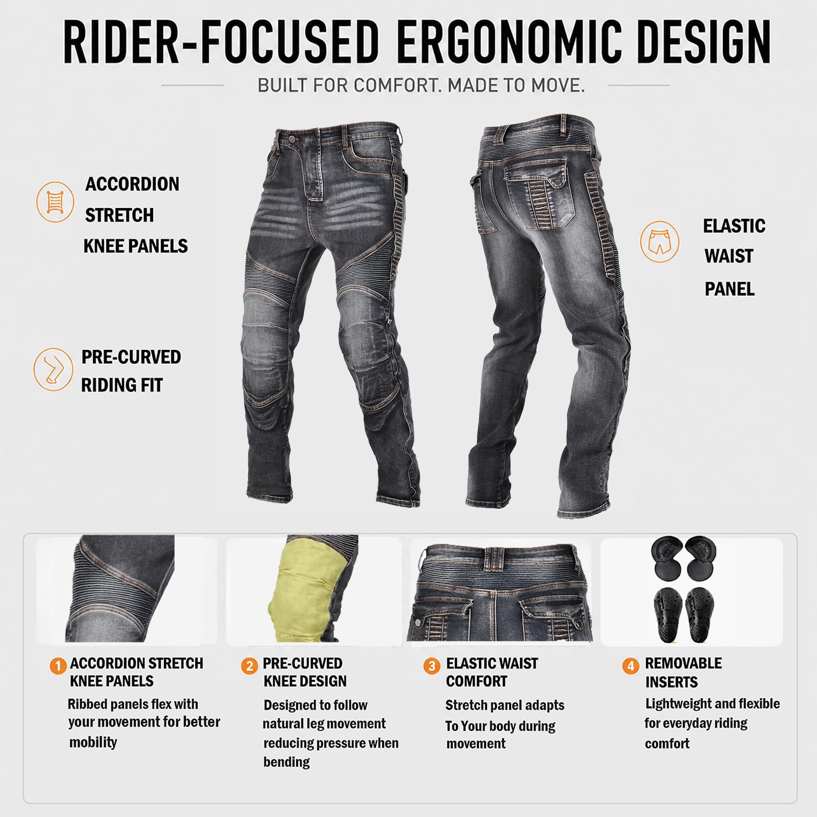 Motorradhose Herren Jeans Stretch, Motorrad Jeans Herren Slim Fit, Cargo Multi-Taschen, Verstärkte Kniezone, Ergonomischer Schnitt, Urban Alltag 4 Jahreszeiten