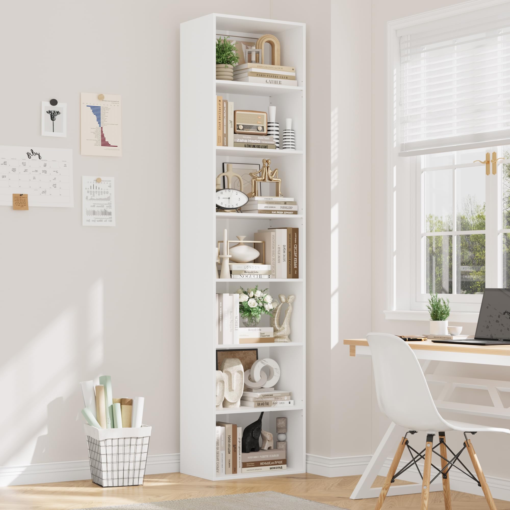 FirFurd 220 cm Libreria Profonda 30 cm, Libreria da Parete a 7 Ripiani, Librerie con Ripiani Regolabili, Scaffale Salvaspazio, per Studio, Soggiorno, Ufficio, Cucina, 48x30x220cm, Bianco