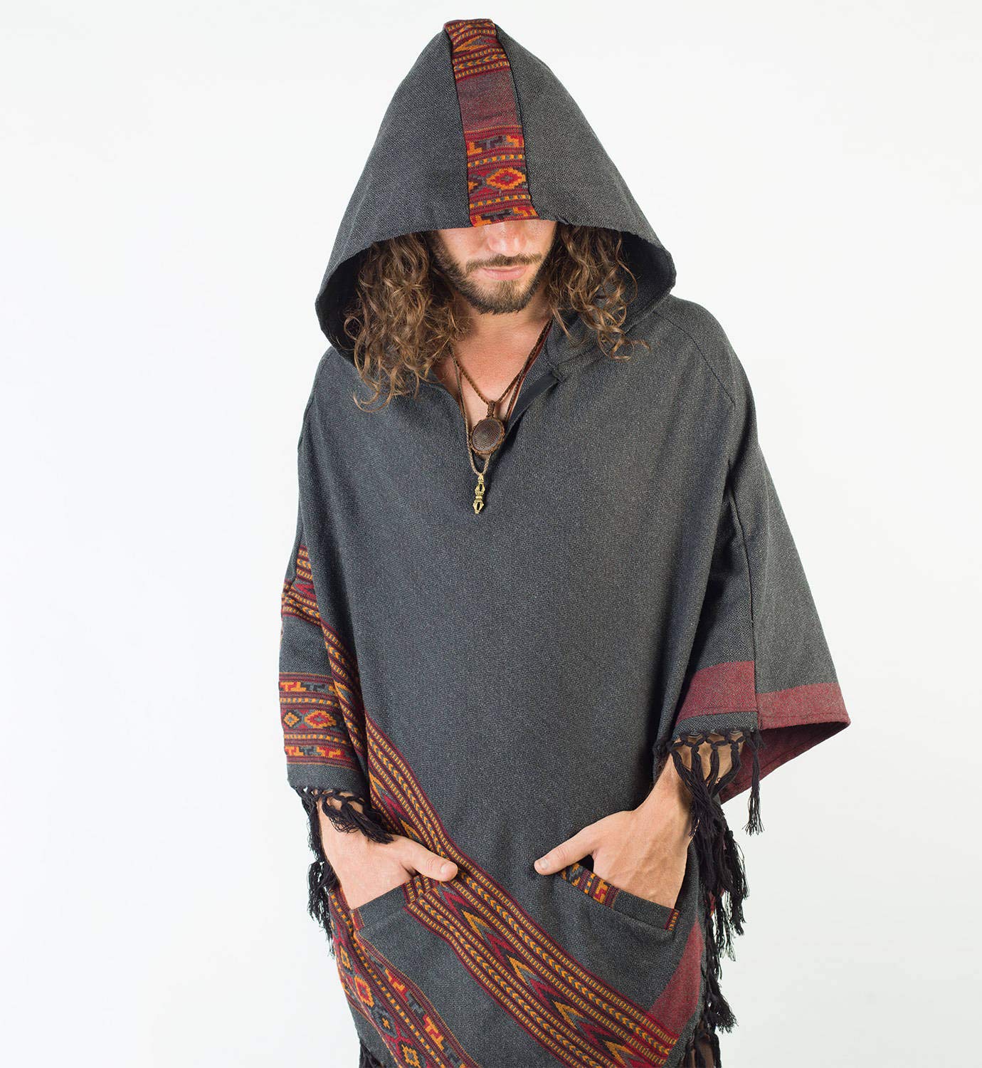 Poncho de lana de yak para hombre, color gris oscuro, capucha grande y bolsillos, patrón tribal terroso Festival Gypsy AJJAYA alternativa primitiva mexicana, gris, Taille unique