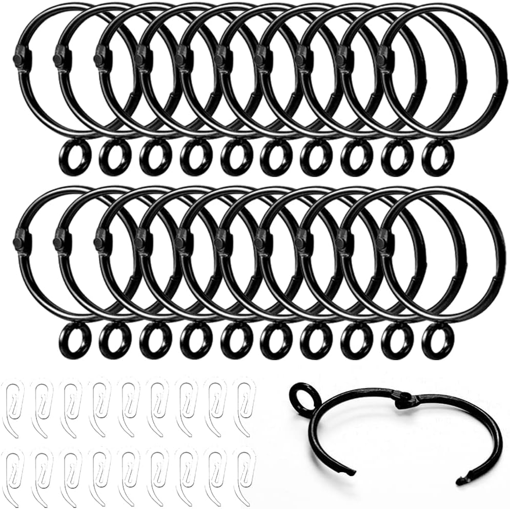 Curtain Rings, 24 Set Black Metal Curtain Rings with Curtain Hooks, Drape Sliding Curtain