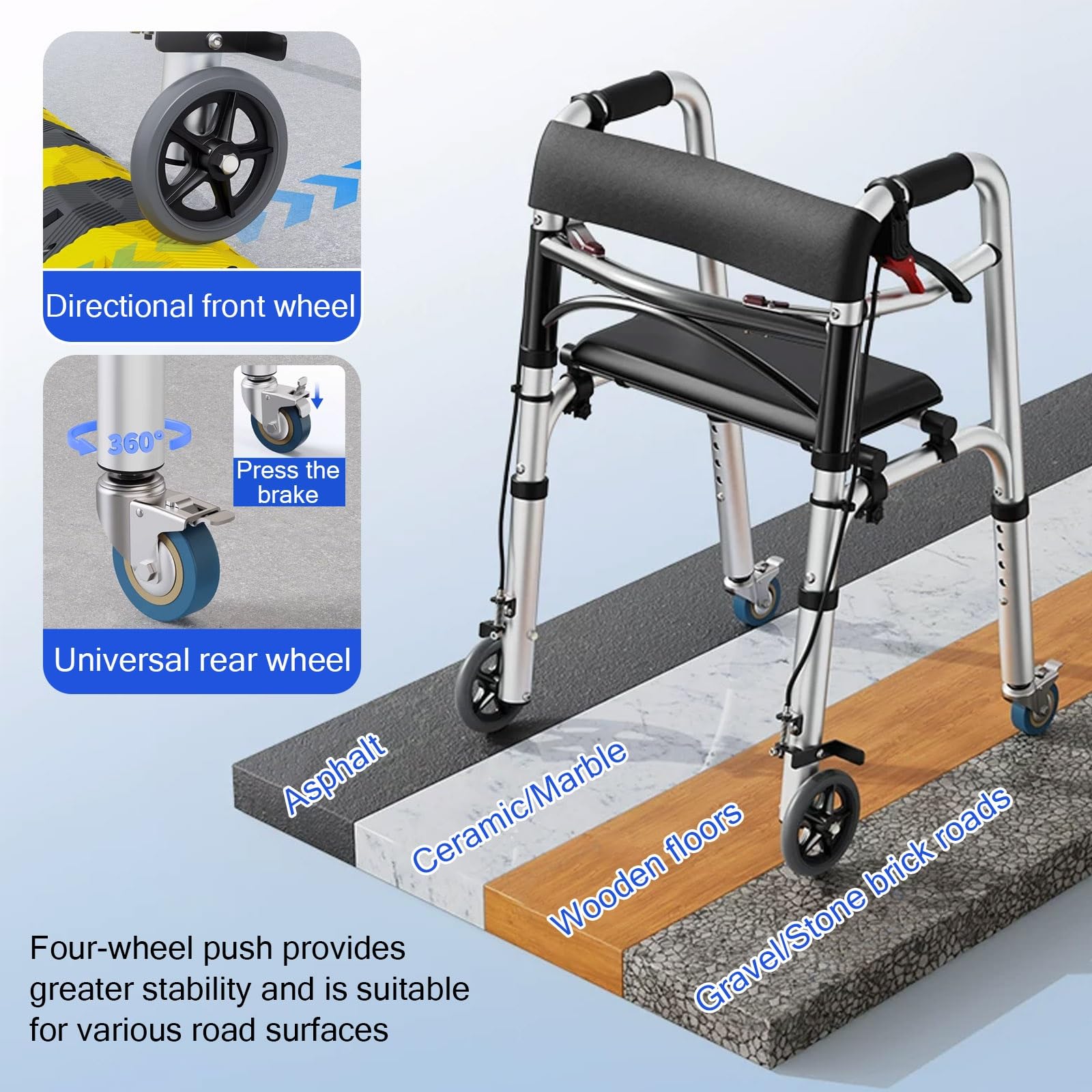 Andador Plegable Ligero con Doble Freno, Andadores de 4 Ruedas con Asiento, Andador de Movilidad de Altura Ajustable for Personas Mayores y Personas con Movilidad Reducida