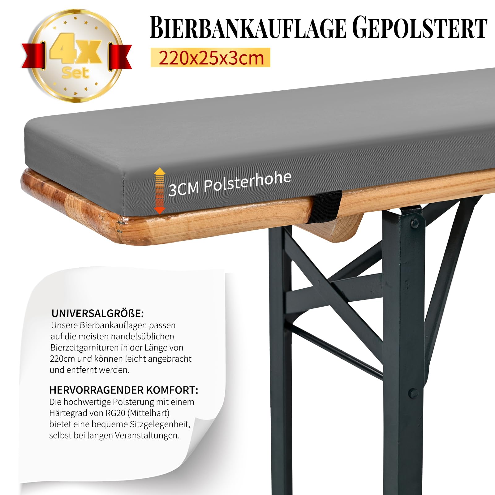 Showgeous 4er-Pack Bierbankauflage Gepolstert für Bierzeltgarnitur Bankauflage 220x25x3cm XL Waschbare Bierbankauflagen Gepolstert Auflage für Biertisch & Partyzeltgarnitur(Grau,Wasserabweisend)