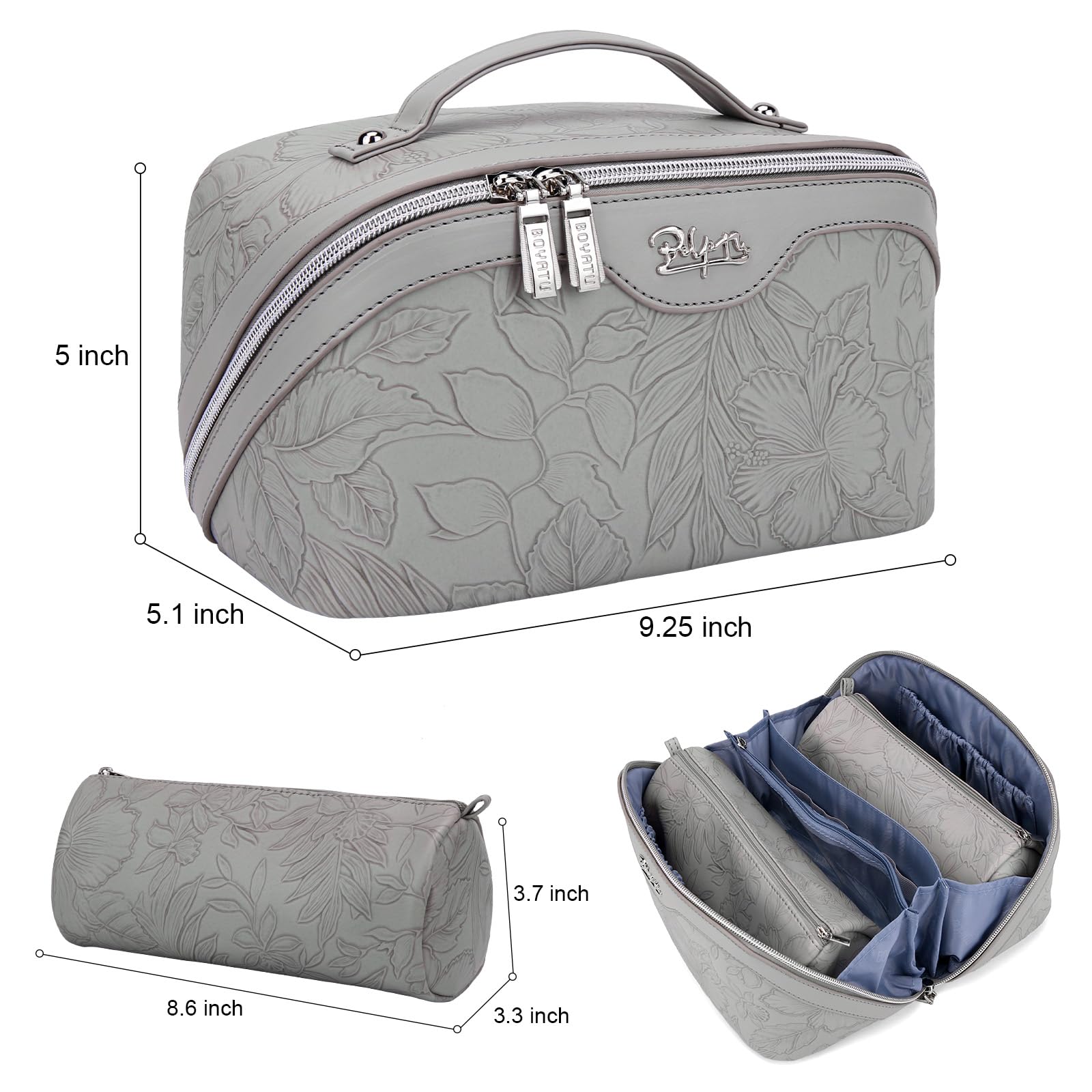 Trousse da viaggio per trucchi: set di 3 borse per il trucco di grande capacità, borsa da toilette in pelle PU per donne, ampia tasca portatile aperta con divisore e manico, Grigio-1, Borsa per