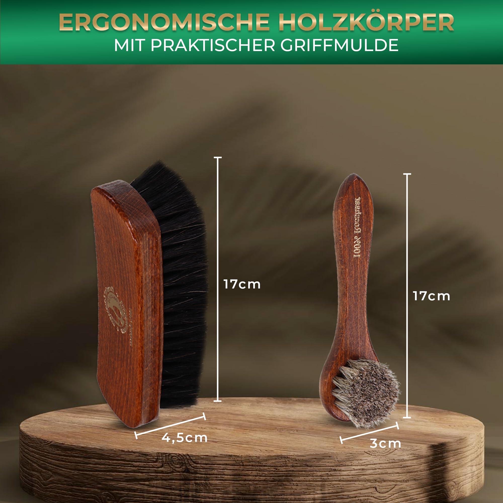 Langlauf Schuhbedarf Rosshaar Schuhpflege Set – Premium Schuhbürsten Set aus lackiertem Buchenholz – Polierbürsten & Auftragsbürsten aus echtem Pferdehaar – Made in Germany (4)