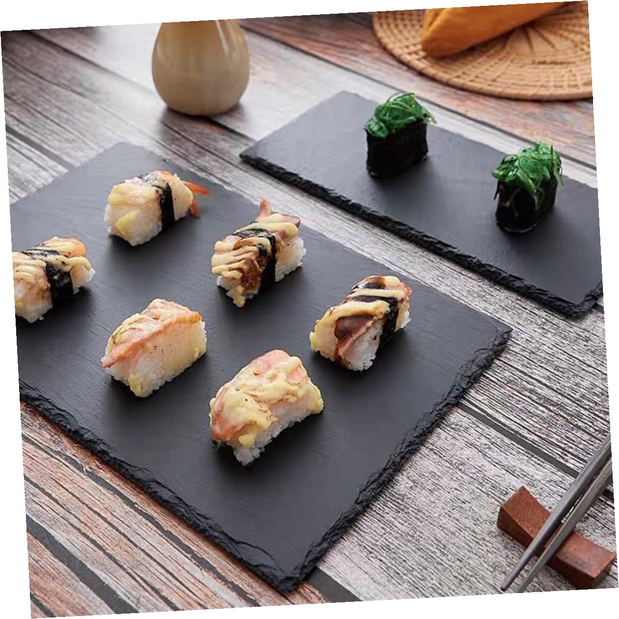 Assiette à Sushis en Ardoise Naturelle Noire, Lot de 4, Rectangulaire