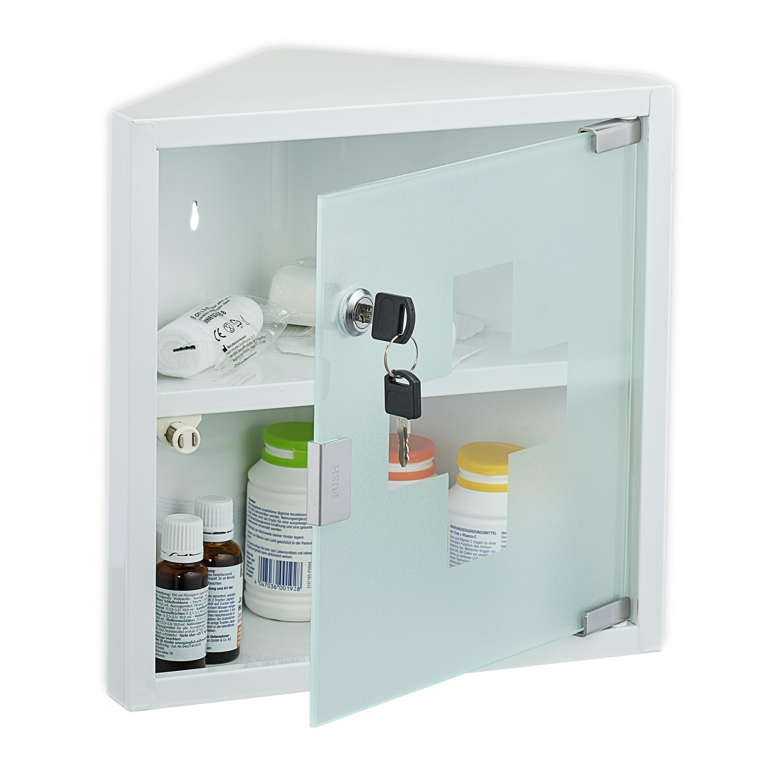Relaxdays White Corner Medicine Cabinet, With 1 Shelf, 30X30x17.5 Cm, Lockable, First Aid Cupboard, Steel, Glass Door,