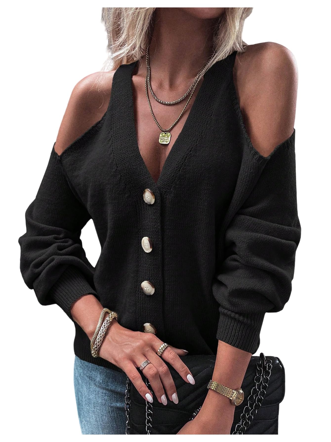 Womens Cold Shoulder Button Down Cardigan V Neck Long Sleeve Knit Sweaters