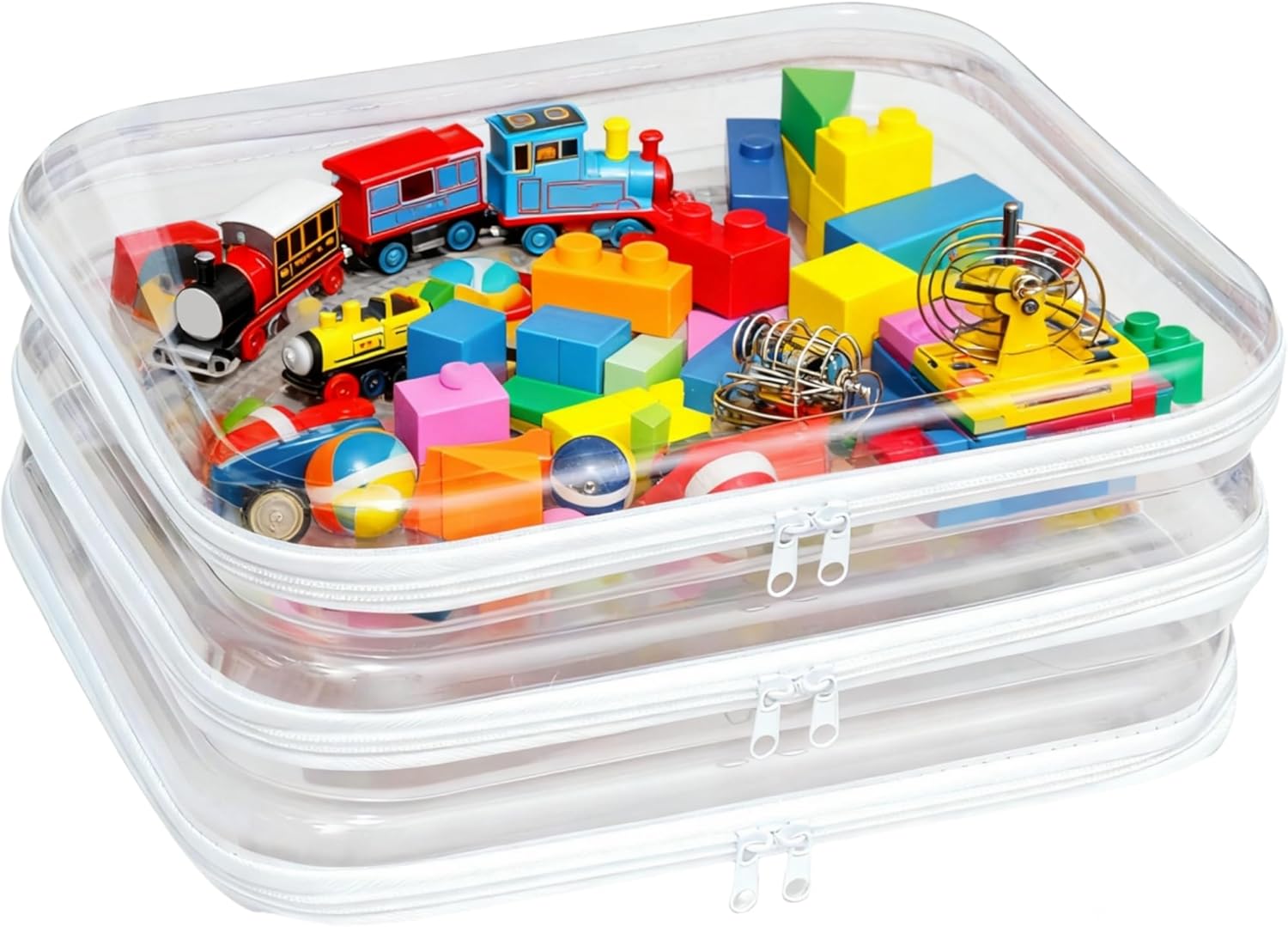 3PCS Clear Hard Plastic Zipper Case, Double Zippers Hard Pouch, Portable Travel Organizer Bin Clear Makeup Bag for Toy Storage, Snack Bag, Cosmetics, Pencil Case, Diaper Bag, Toiletry Bag (3PCS-L)