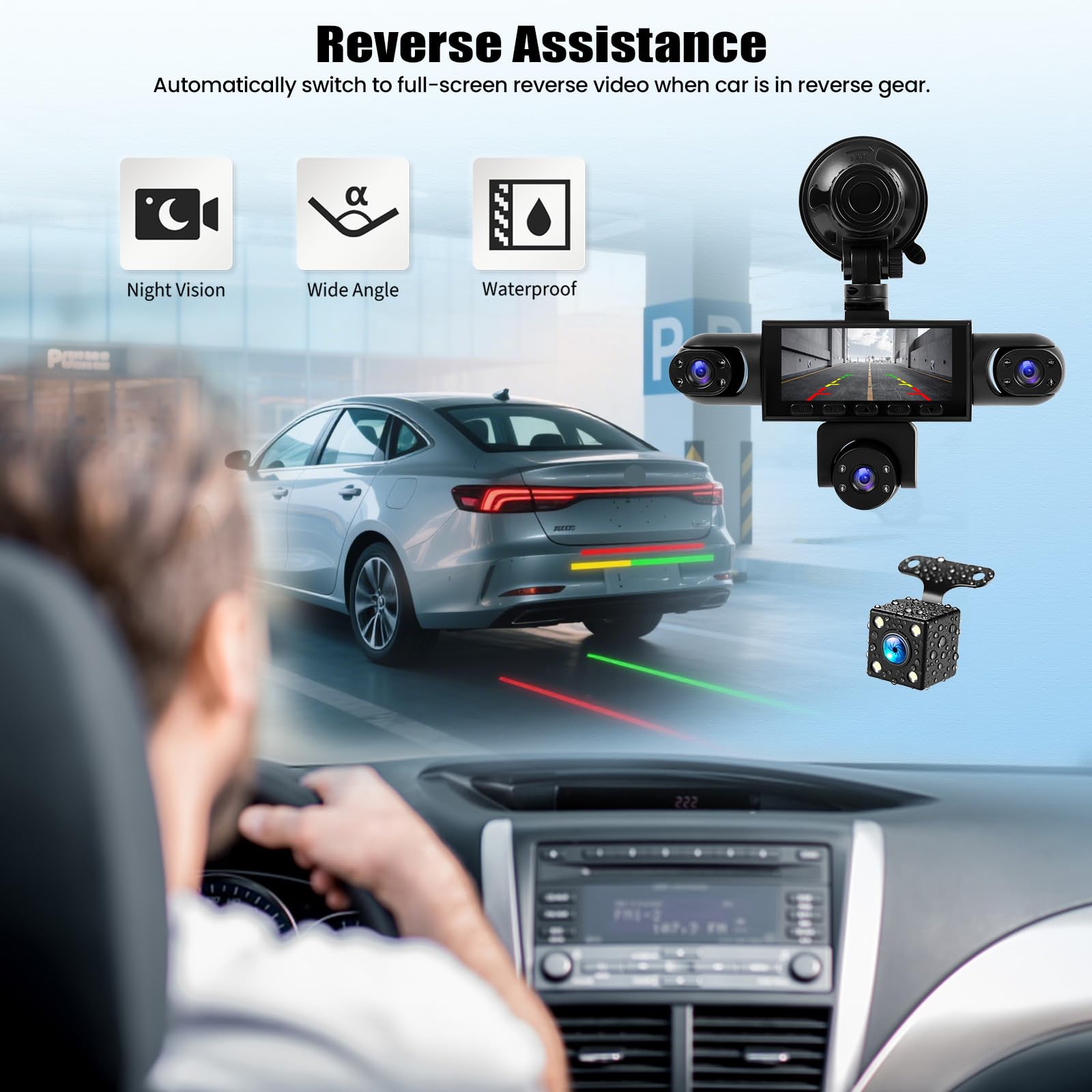 OiLiehu 5 Canales Cámara para Salpicadero 3,16" para Coches, Resolución 1080P + 480P, Cinco Lentes con Grabación en Bucle, G-Sensor, Visión Nocturna, Asistencia Aparcamiento,Detección de Movimiento