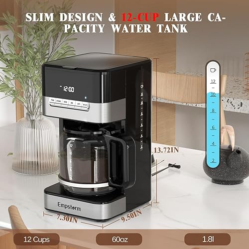 Miniatura 6 de Cafetera de goteo programable de 12 tazas  Máquina de café de preparación rápida de 1000 W con jarra de vidrio, apagado automático y 4 horas de