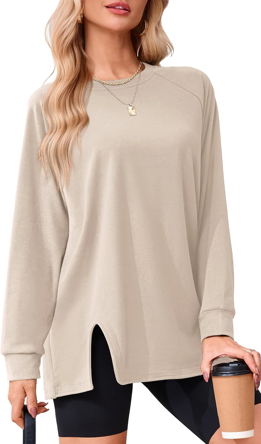 Odosalii Womens Crewneck Sweatshirt Loose Fit Long Sleeve Shirts Trendy Oversized Sweater Fashion Side Slit Pullover Tops