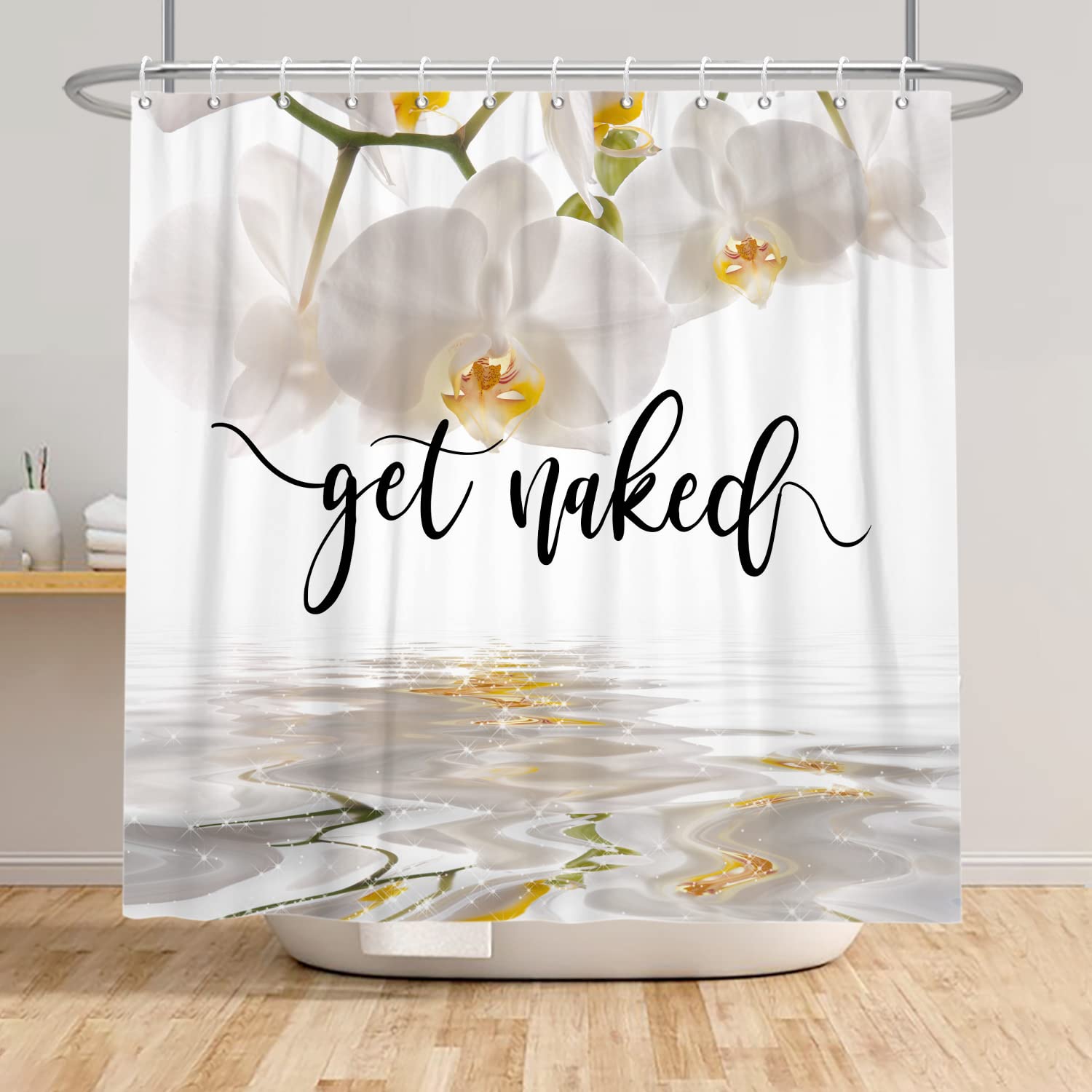 SDOTPMT 48x72inch White Orchid Water Spa Shower Curtain Get Naked Theme Bath Curtain Funny Quote Art Fonts Words Bathtub Curtain for Bathroom Decor with Hooks Fabric Polyester Curtain