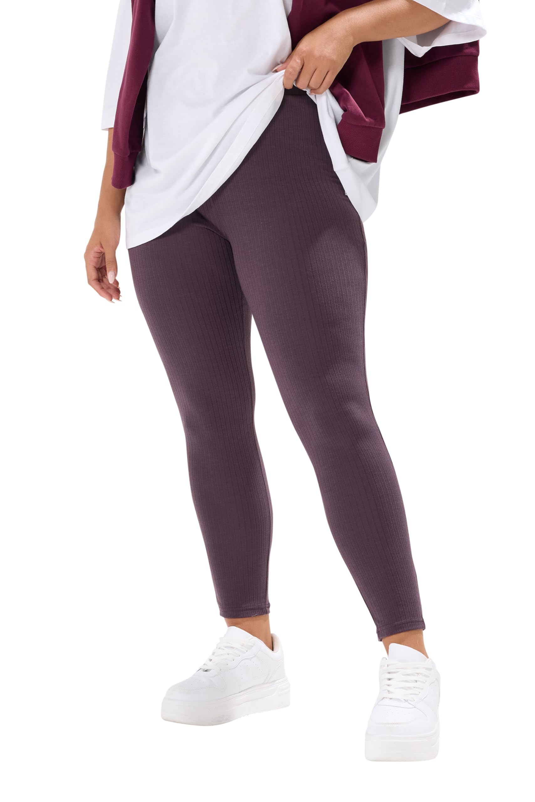 Yours High Waisted Ribbed Leggings - Purple - Size 30-32