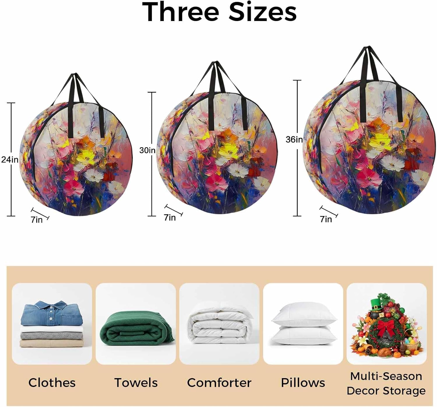 Spring Floral Round Storage Bag 36 Inch, Flowers Oil Painting Plant Oil Painting Clothes Storage Container with Handles Heavy Duty Organizer for Comforter, Bedding & Holiday Wreaths