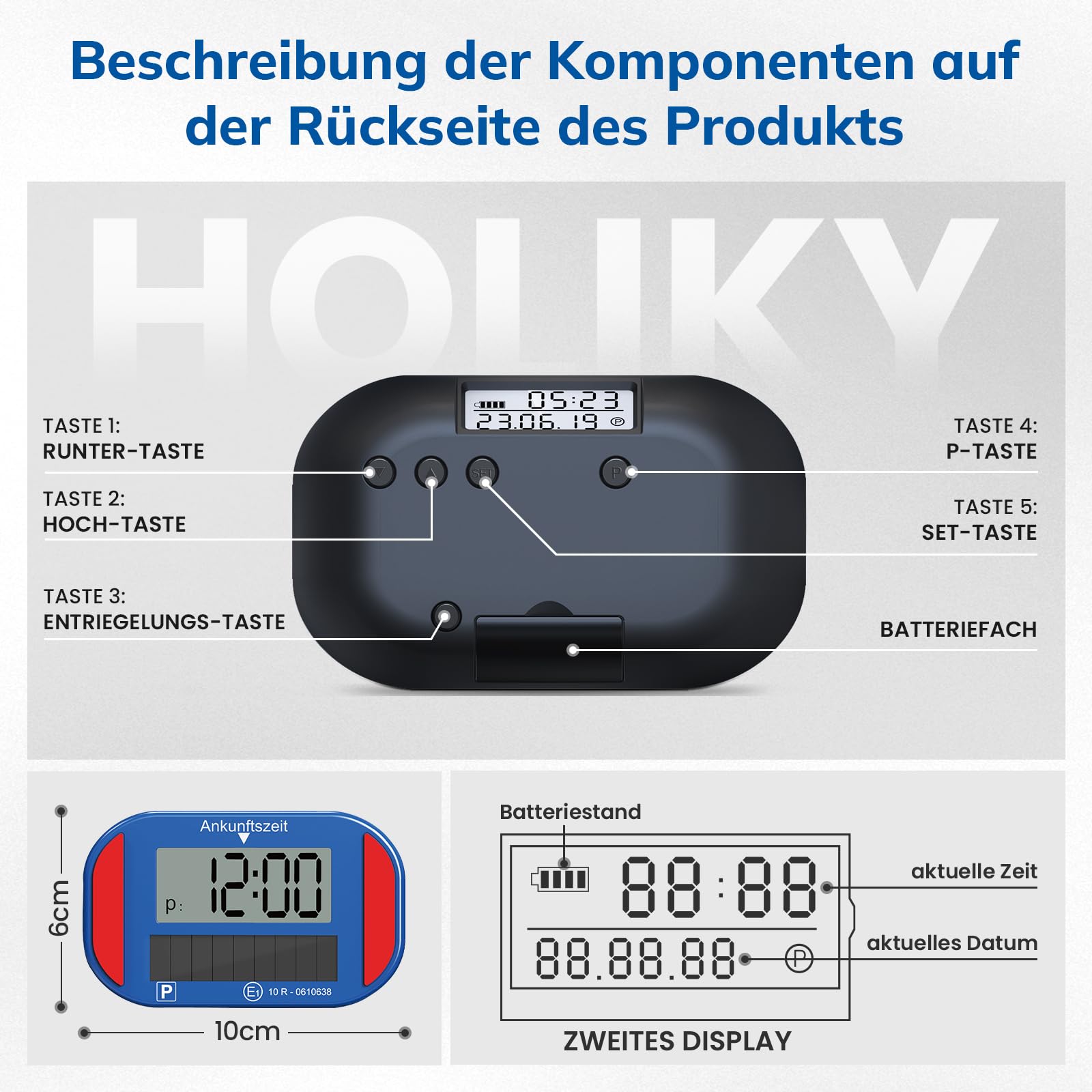 Holiky Solar Elektronische Parkscheibe mit Zulassung vom Kraftfahrt-Bundesamt, elektronische parkscheib mit 2 Displays & vielen Funktionen, Auto Zubehör passend für alle PKW