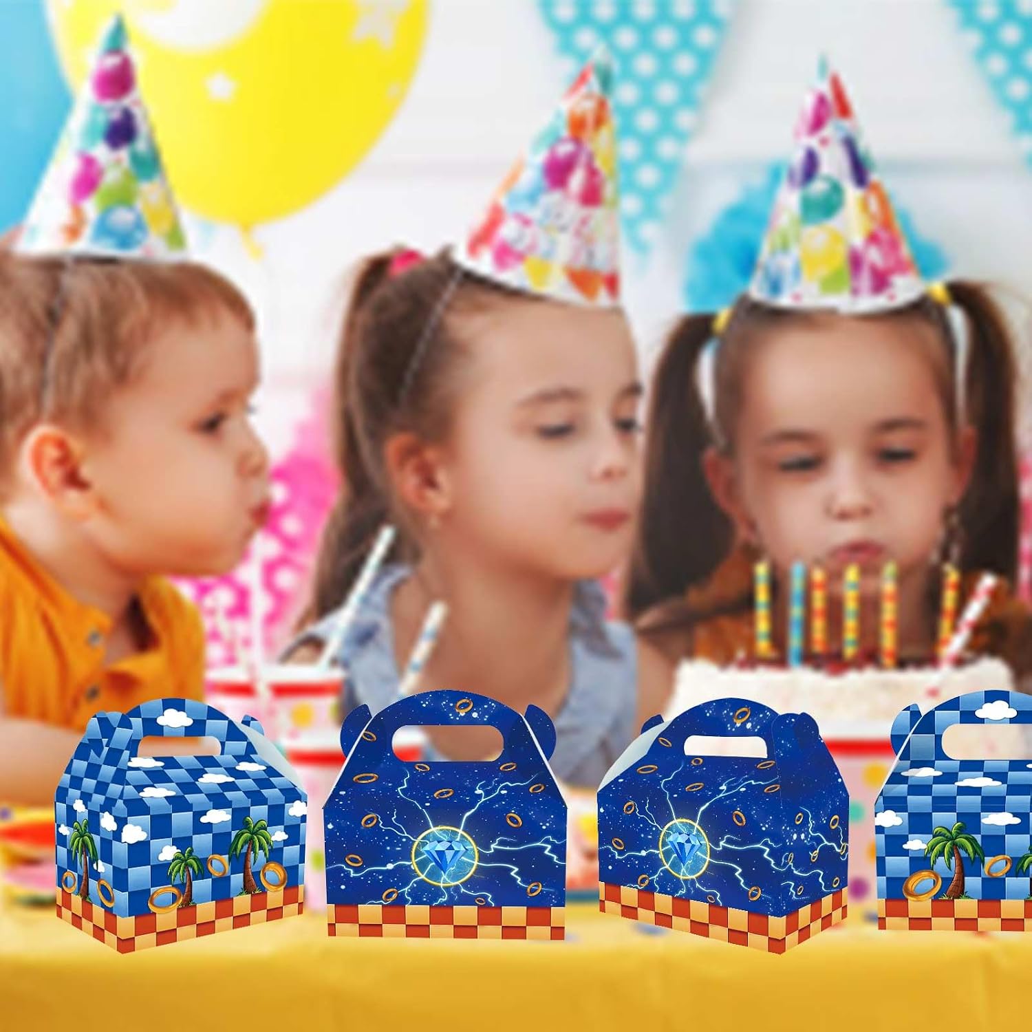 Zliisang 16PCS Blue Candy Boxes Golden Rings Party Favor Bags Lightning Gemstones Goodie Gift Bags for Kids Birthday Party Decorations Gift Supplies