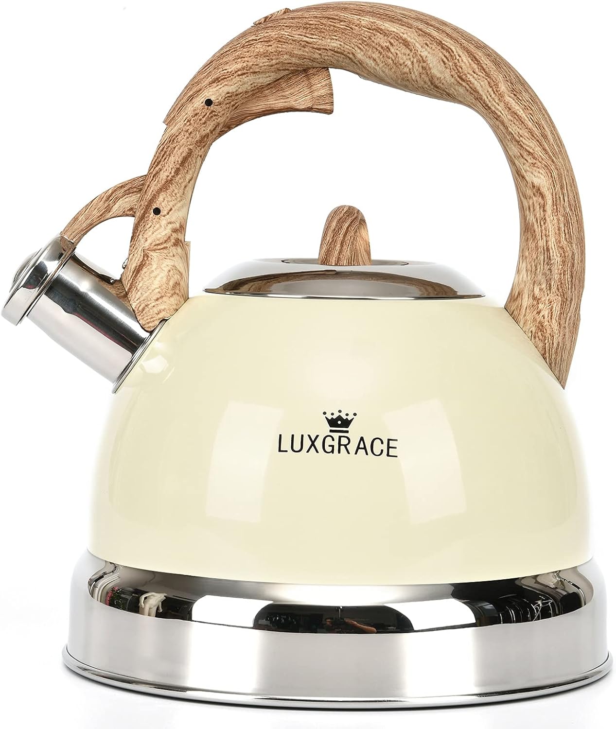 Creative Home 3.0 Qt. Stainless Steel Whistling Tea Kettle, Creamy White | Ergonomic Wood Rubber Touching Handle, Fast Boiling Heat Water, Induction Stove Top Compatible