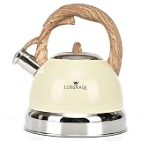 Creative Home 3.0 Qt. Stainless Steel Whistling Tea Kettle, Creamy White | Ergonomic Wood Rubber Touching Handle, Fast Boiling Heat Water, Induction Stove Top Compatible