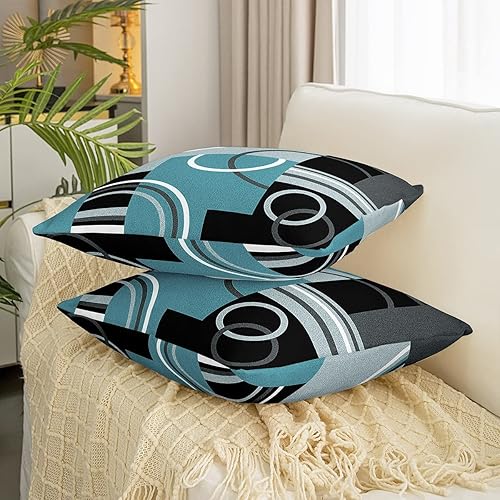 Miniatura 3 de Juego de 2 fundas de almohada modernas color turquesa de 22 x 22 pulgadas con círculos geométricos para cama, sofá, fundas de cojín negras y grises,
