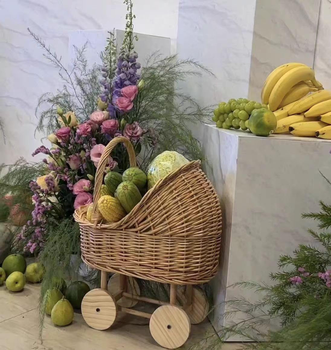 Woven Rattan Stroller Shaped Flower Basket,With Handle Cute Rustic Decoration,For Weddings Party Multifunctional Flower Arrangement Candy Display Arrangements (L)