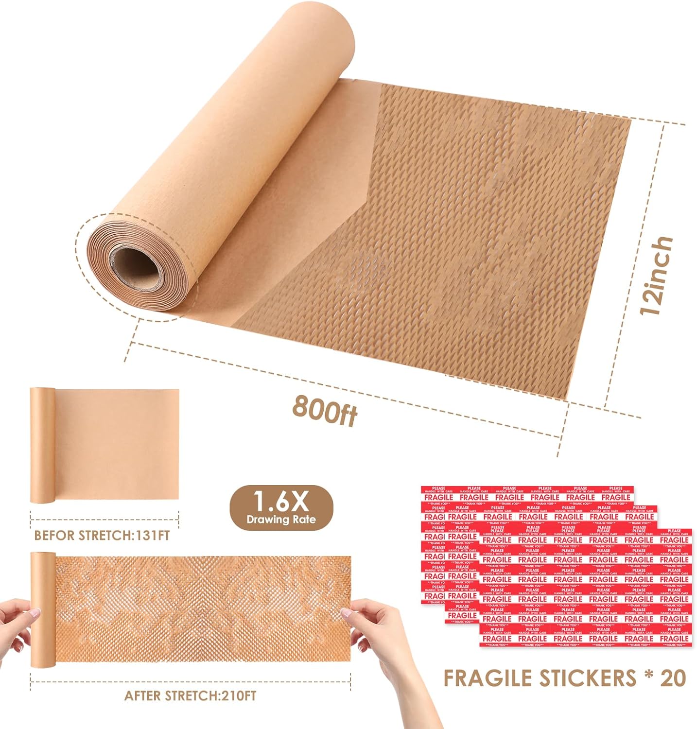 Honeycomb Packing Paper 12"Wx800'L-Bubble Wrap Substitute Alternative for Shipping, Moving Supplies, Small Business Packaging, Packing Boxes & Gifts Wrapping Paper with 20 Fragile Stickers 12" x 800' ft