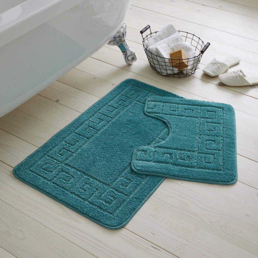 De Lavish Bath Mat Set 2 Piece Non Slip Rubber Pedestal and Bath Mat Set Toilet Greek Bathroom Rug New (Dark Teal)