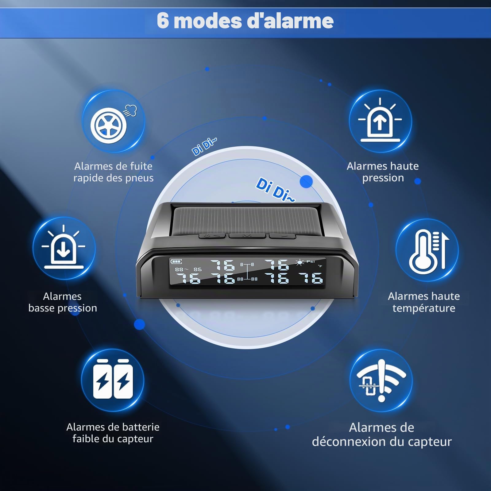 KAOLALI TPMS Système de Contrôle de La Pression Des Pneus avec 6 Capteurs, Haute Précision de 0,01 Bar, Charge Solaire et Charge USB, 9,9 bar/144 PSI Max, 6 Modes D'alarme, Pour Camping-cars et Camion