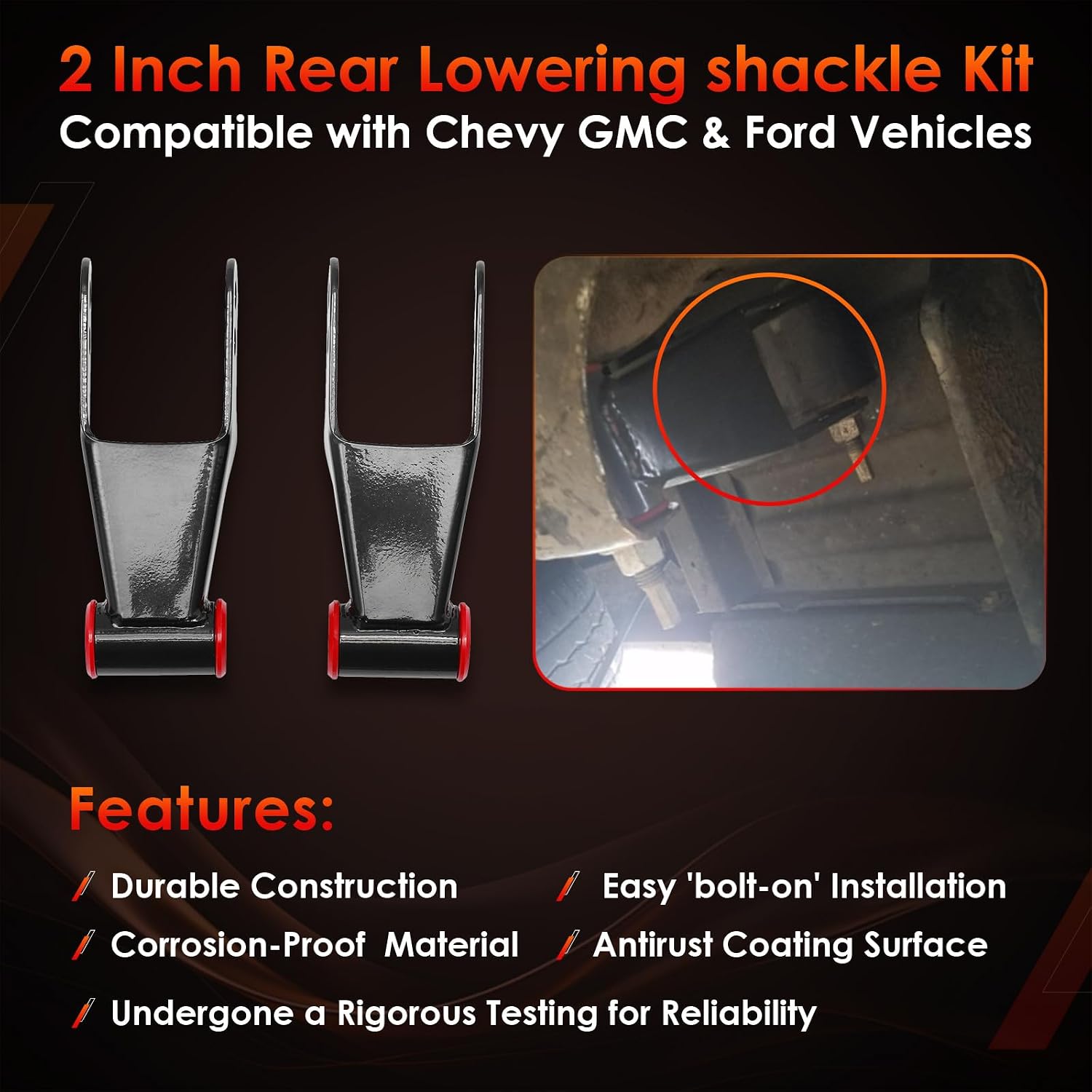 Lowering Shackle Kit, 2" Rear Drop, Fits Silverado 1500 1999-2019, For Chevy & GMC Silverado Sierra 1500, 1988-1998 C1500/C2500 & More, Suspension Leaf Spring Kits, Replace# 410520