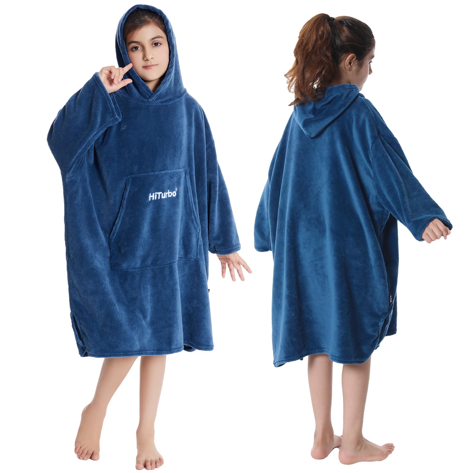Hiturbo Kids Towel Changing Robe: Soft Plush Wearable Blanket - Warm Coral Fleece Hoodie - Swim Surf Poncho for 5-12 Years (Navy)