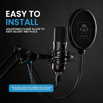 IDANCE Dual Layer Microphone Pop Filter, Mic Pop Filter with 360 Flexible Metal Gooseneck, Clamp Mount & Scratch-Proof Grip, Mic Filter for Studio Recording, Streaming, Podcasting, and Voiceover