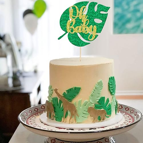 Miniatura 6 de Gyufise 1 pieza de decoración de pastel tropical dorado verde Oh Baby Cake Topper Jungle Safari Baby Shower Cake Decoración de hoja de Monstera niño