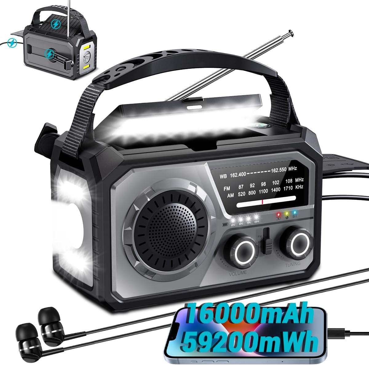 16000mAh/59200mWh Photo voltaic Crank Emergency Radio – Wi-fi NOAA AM/FM Climate Radio with USB-C/Kind-C Charging, 3-Gentle Modes, SOS Alarm, Compass & Energy Financial institution for Tenting Survival Outside Emergencies