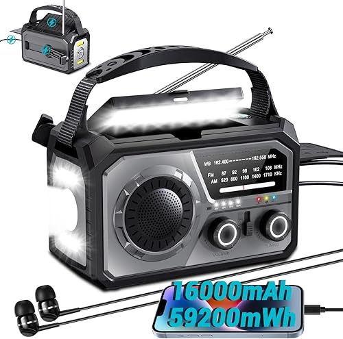 Miniatura 8 de Radio de emergencia con manivela solar de 16000 mAh/59200 mWh, radio meteorológica inalámbrica NOAA AM/FM con carga USB-C/Tipo-C, 3 modos de luz,