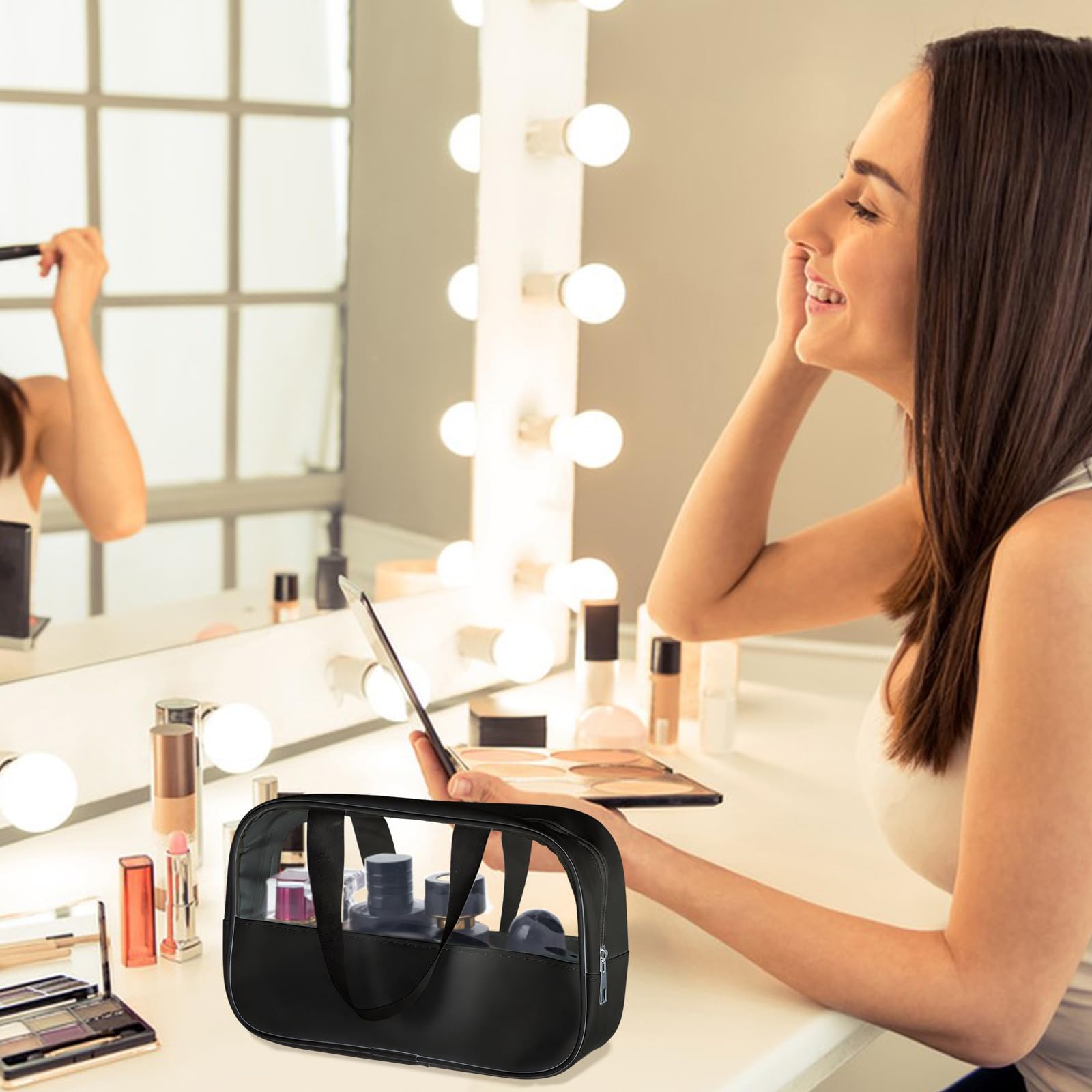 15 bolsas de maquillaje de PVC transparente, organizador de viaje impermeable con asa para colgar, Black, Clásico