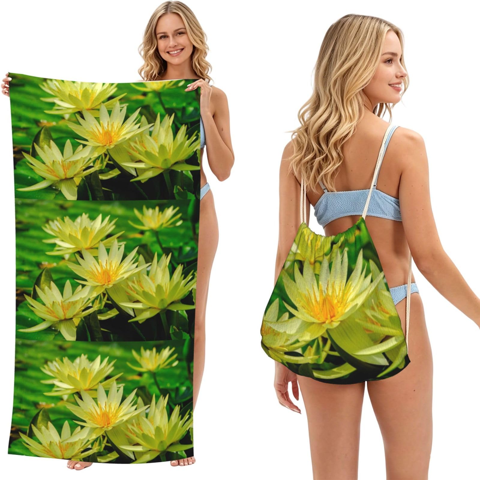 Poadnly As Picture Water Lily, 2 In 1 Packable Towel Bag, Beach Towels With Drawstring Backpack For Travel Holiday Camping