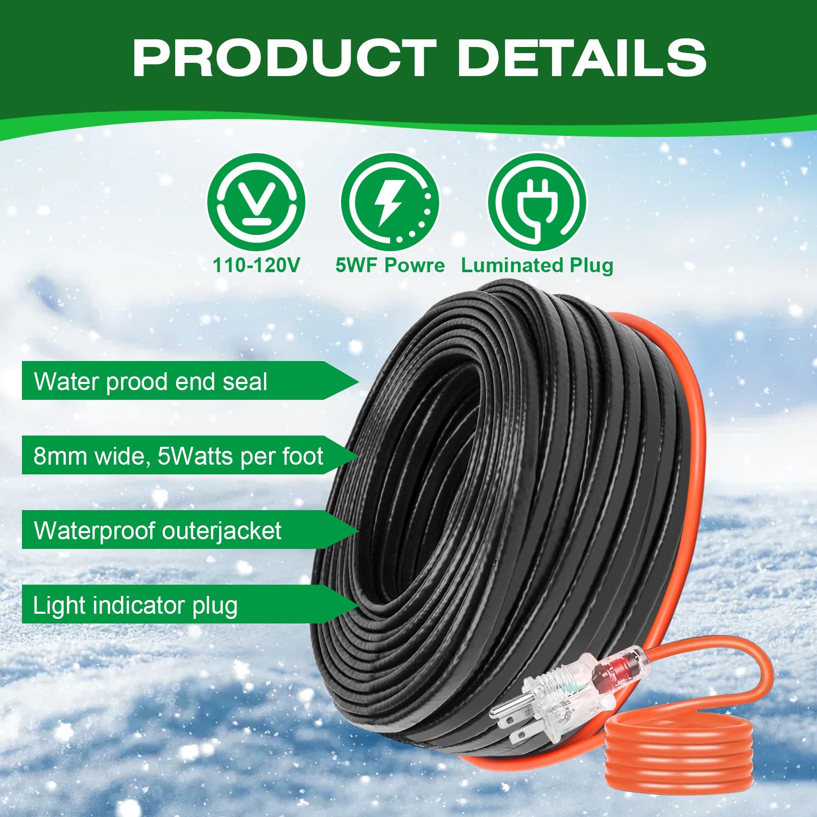 Heizband für Wasserrohre, Frostschutz-Enteisungsband, Rohrisolierung, Heizkabel für Isolierung/Dachschneeräumung, Dachrinnen-Heizkabel, beheizter Wasserschlauch, 120 V, 1,5 m
