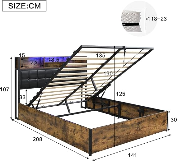 ModernLuxe Double Bed Frame with Charging Port and LED Light Strip, 4FT6 Metal Ottoman Bed with Hydraulic, Headboard with Soft Backrest and Storage Compartments, Iron and MDF, Black + Wood, 135x190cm