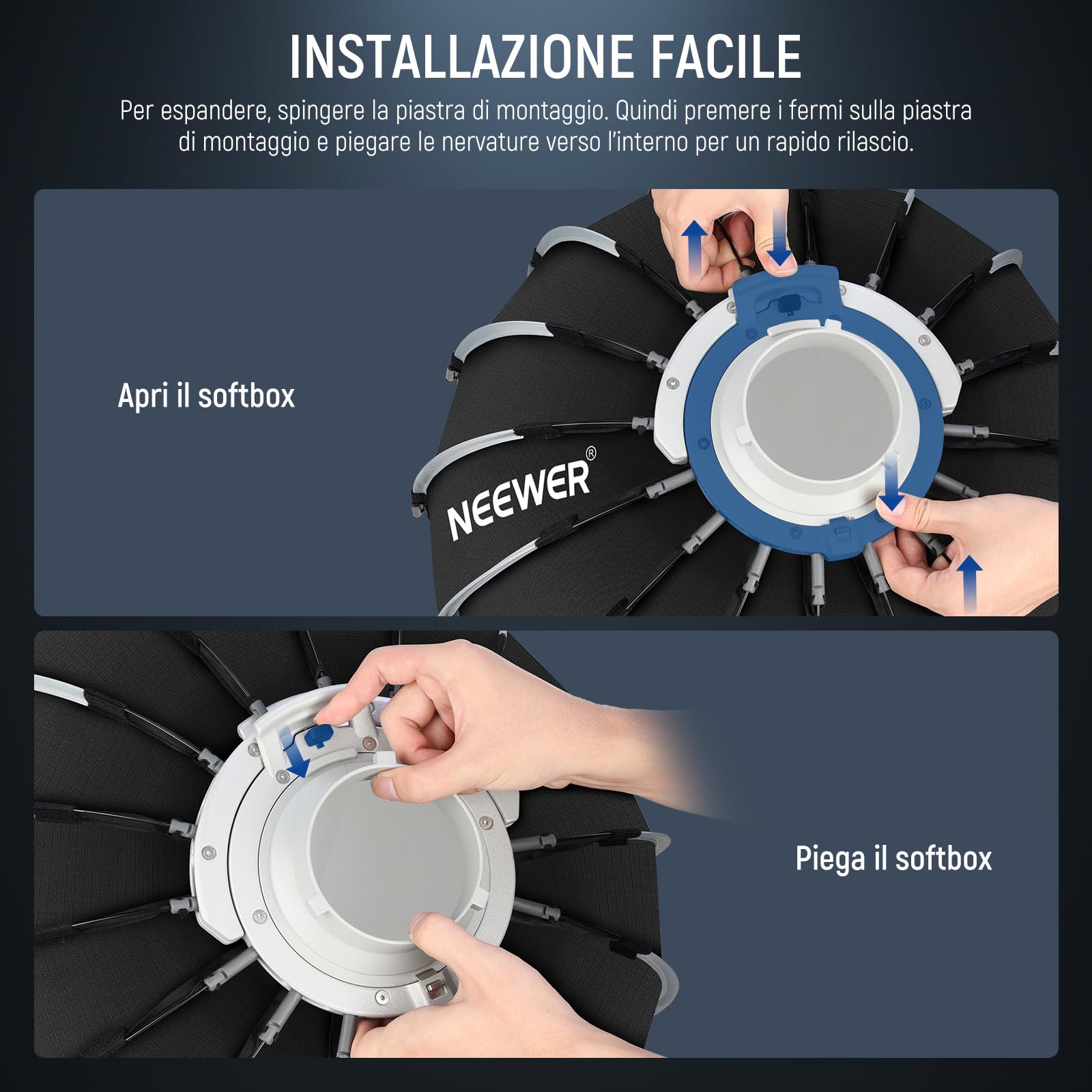 NEEWER Kit Softbox Parabolico, 120cm Soft Box ad Attacco Bowens con Diffusori Luce per Fotografia Studio Registrazione Video Streaming, Compatibile con Aputure 120d Compatibile con Godox SL60w, NS73P
