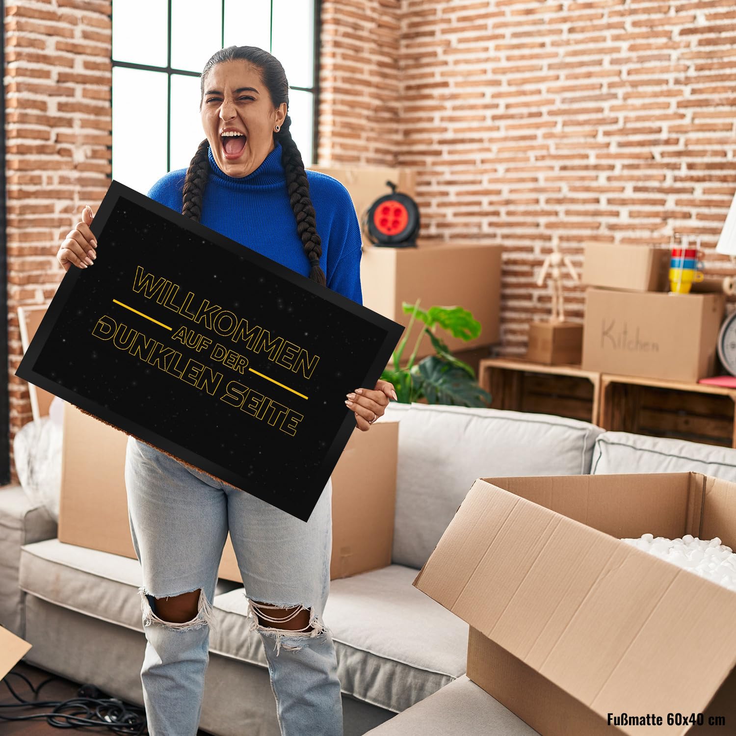 speecheese Willkommen auf der dunklen Seite Fußmatte XXL in 50x75 cm mit Sternenoptik Sterne Krieg Haustür Kinderzimmer Geschenkidee Weltraum unendliche Raum Weiten War Galaxien Stars Star