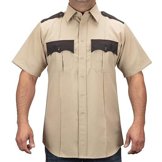 First Class 100% Polyester Two Tone Men's Uniform Shirt (US, Alpha, Small, Regular, Regular, Tan & Brown)