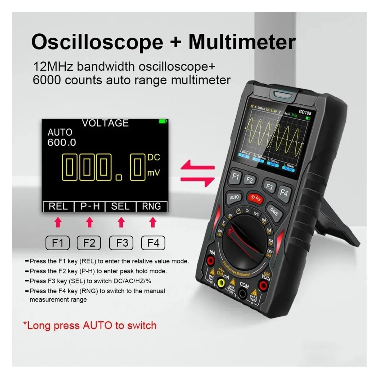 Osciloscopio digital, Osciloscopio y multímetro digital de 12 MHz, muestreo 50 MS/s con almacenamiento forma onda