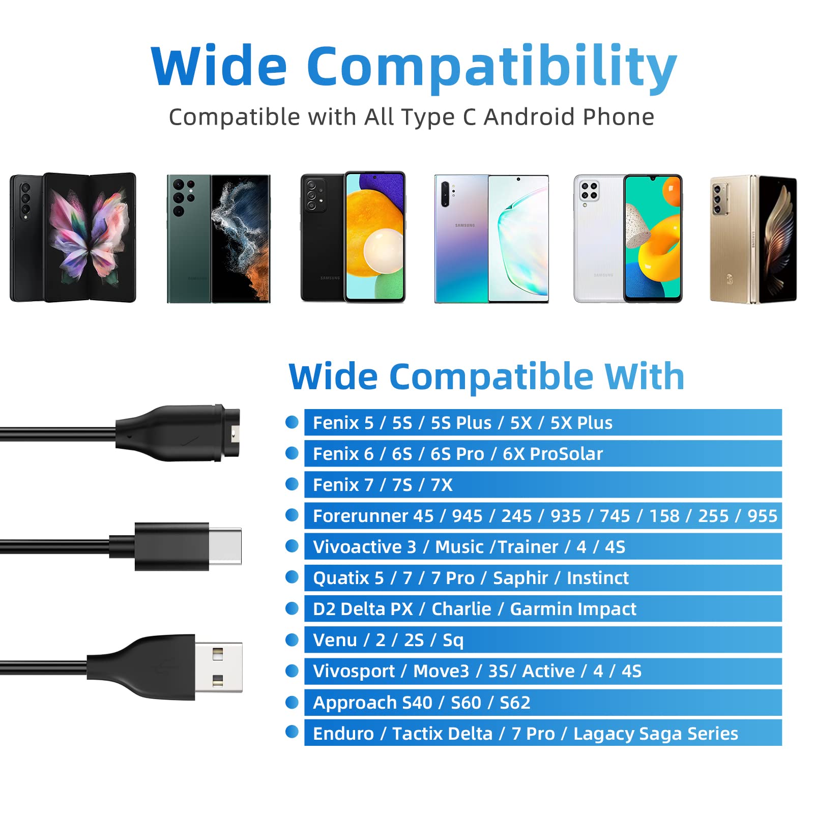 INF Kabel do ładowania kompatybilny z zegarkiem sportowym Garmin USB-C, telefonem komórkowym/zegarkiem sportowym, ładowarką 2 w 1