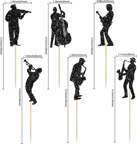 Miniatura 2 de Gyufise 24 adornos para magdalenas de músico, silueta de saxofón con purpurina, notas de música, selecciones de cupcakes, conciertos de música,