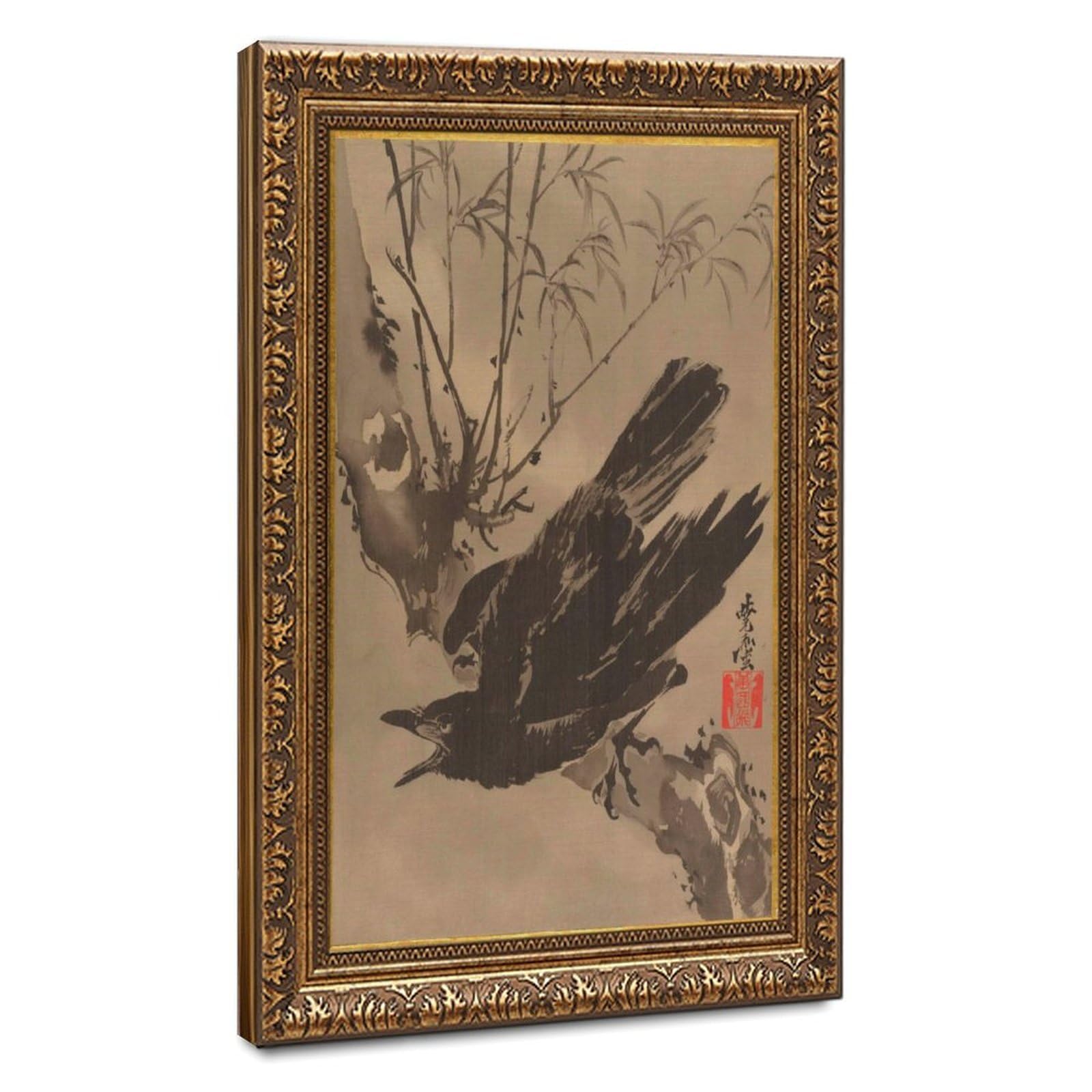WCYB Raven Crow Japanese Art by Kawanabe Kyosai Posters Prints Canvas Deco Paintings Wall Art Hangable Frame 16" L X 24" W