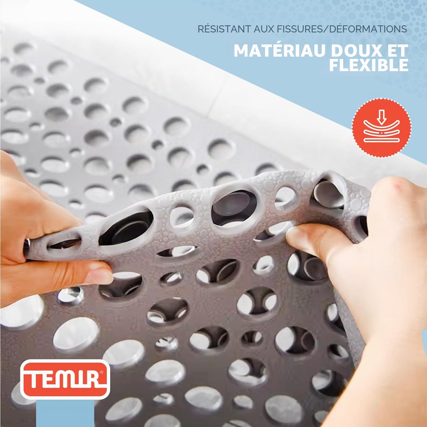 TEMIR Tapis de Bain antidérapant avec ventouses et Trous de Drainage, Doux et Lavable en Machine (43,2 x 73,7 cm)
