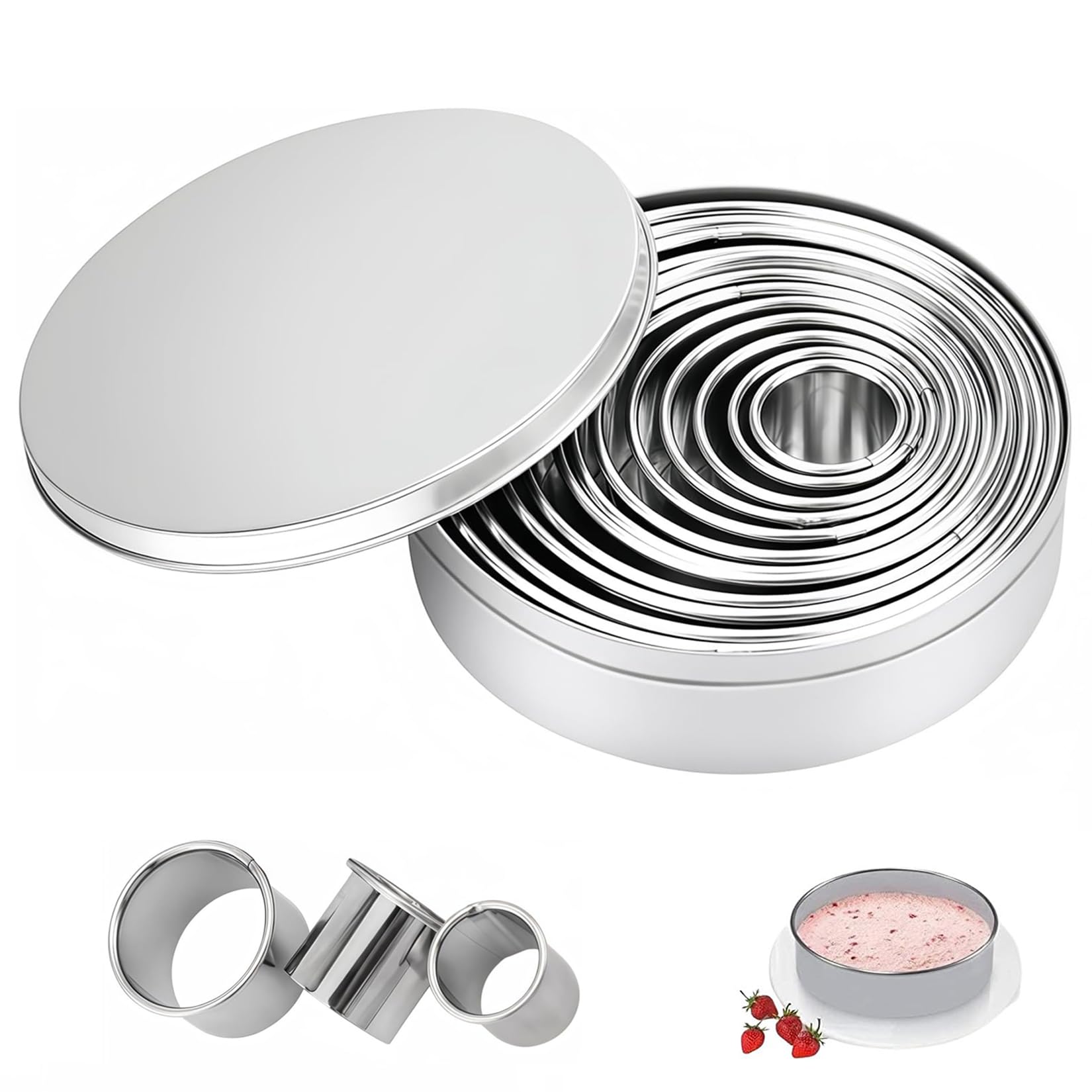 Yuannee Cookie Cutter,12 Pcs Stainless Steel Ring Cookie Cutters Set Round Cake Cutters Pastry with Aluminum Box Circle Cutter for Baking Biscuits Doughnut Fondant Cake Pastry Donut